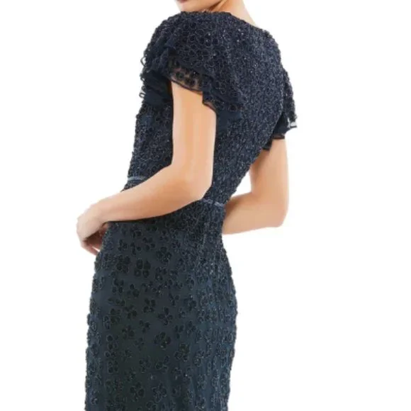 MAC DUGGAL 10771 FLOUNCE SLEEVE MIDI MIDNIGHT NAVY MIDI DRESS sz 6